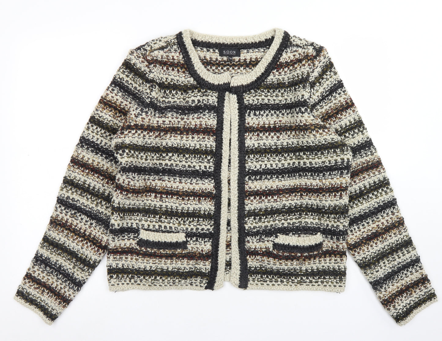 Soon Womens Brown Round Neck Striped Acrylic Cardigan Jumper Size 16