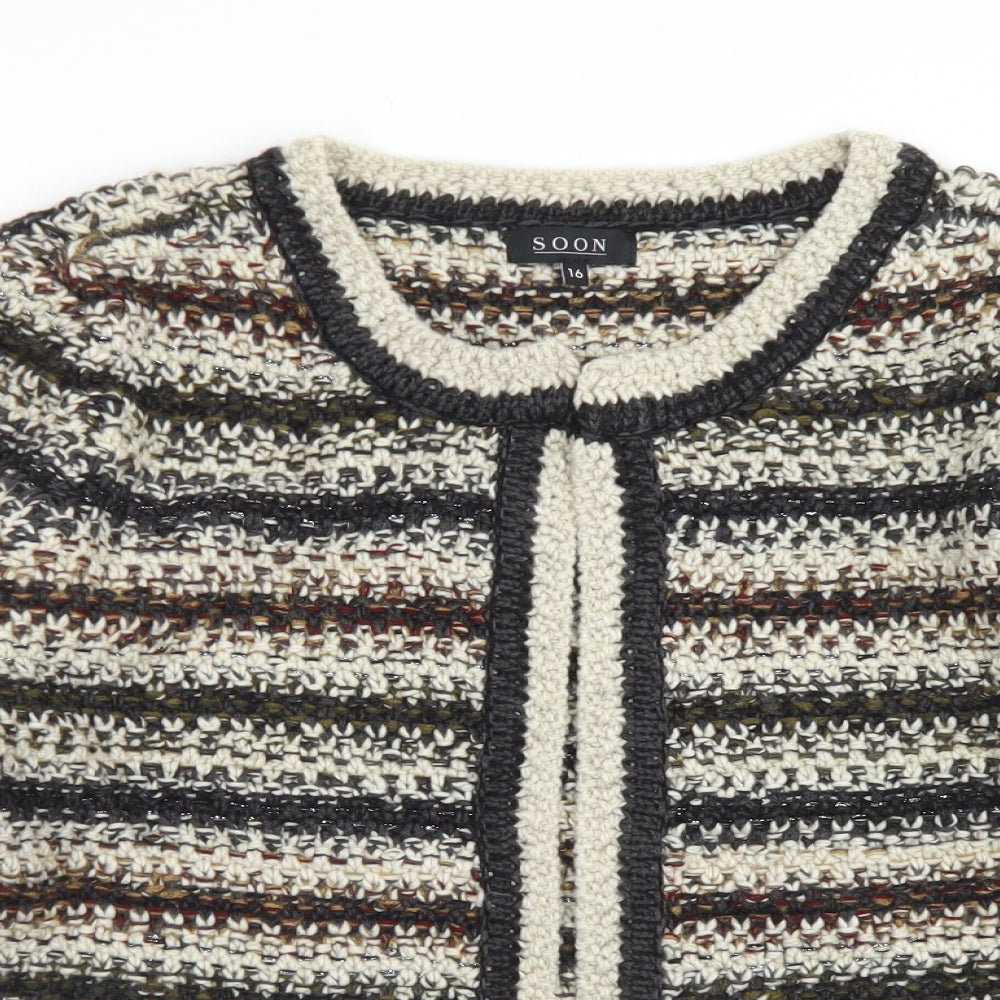 Soon Womens Brown Round Neck Striped Acrylic Cardigan Jumper Size 16