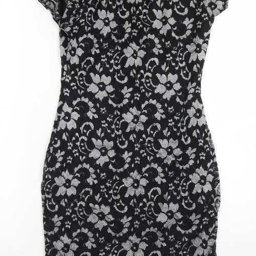 Quiz Womens Black Floral Nylon Bodycon  Size 12  Round Neck