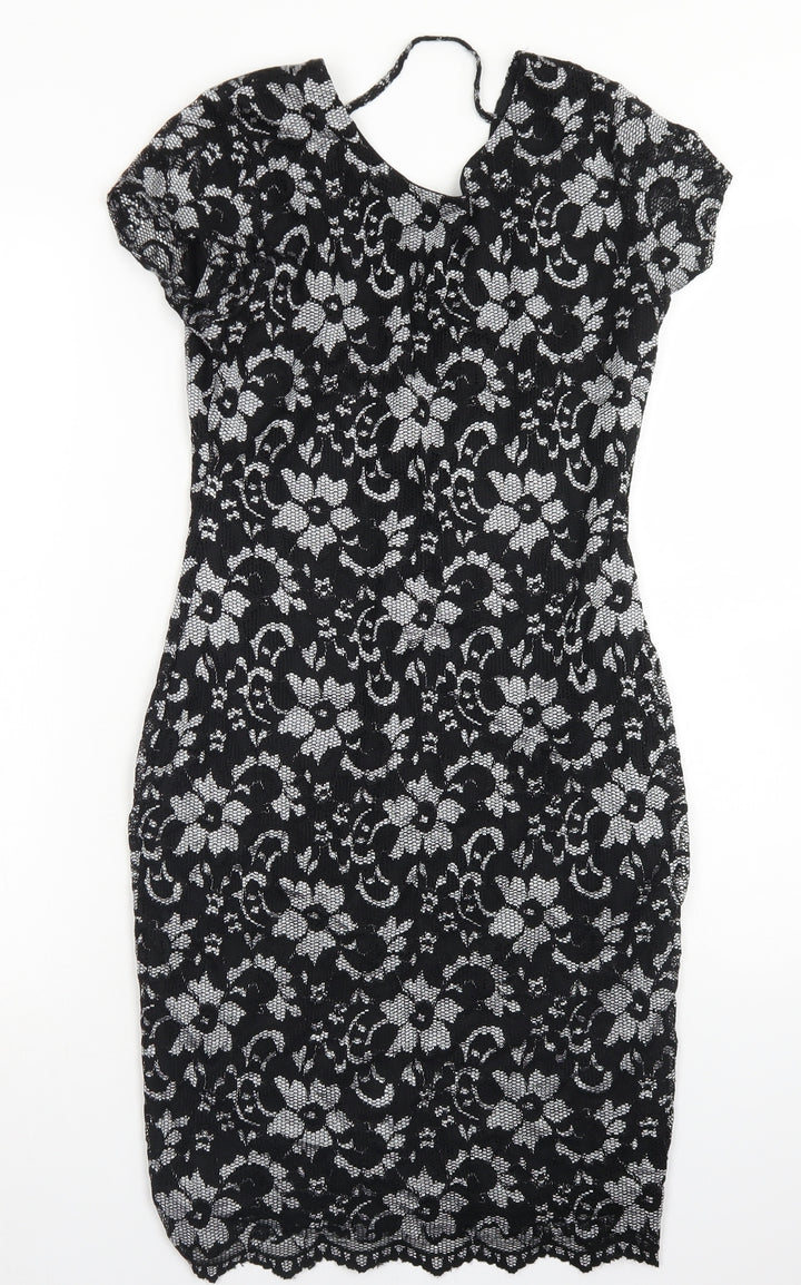 Quiz Womens Black Floral Nylon Bodycon Size 12 Round Neck
