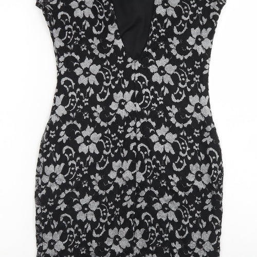 Quiz Womens Black Floral Nylon Bodycon  Size 12  Round Neck