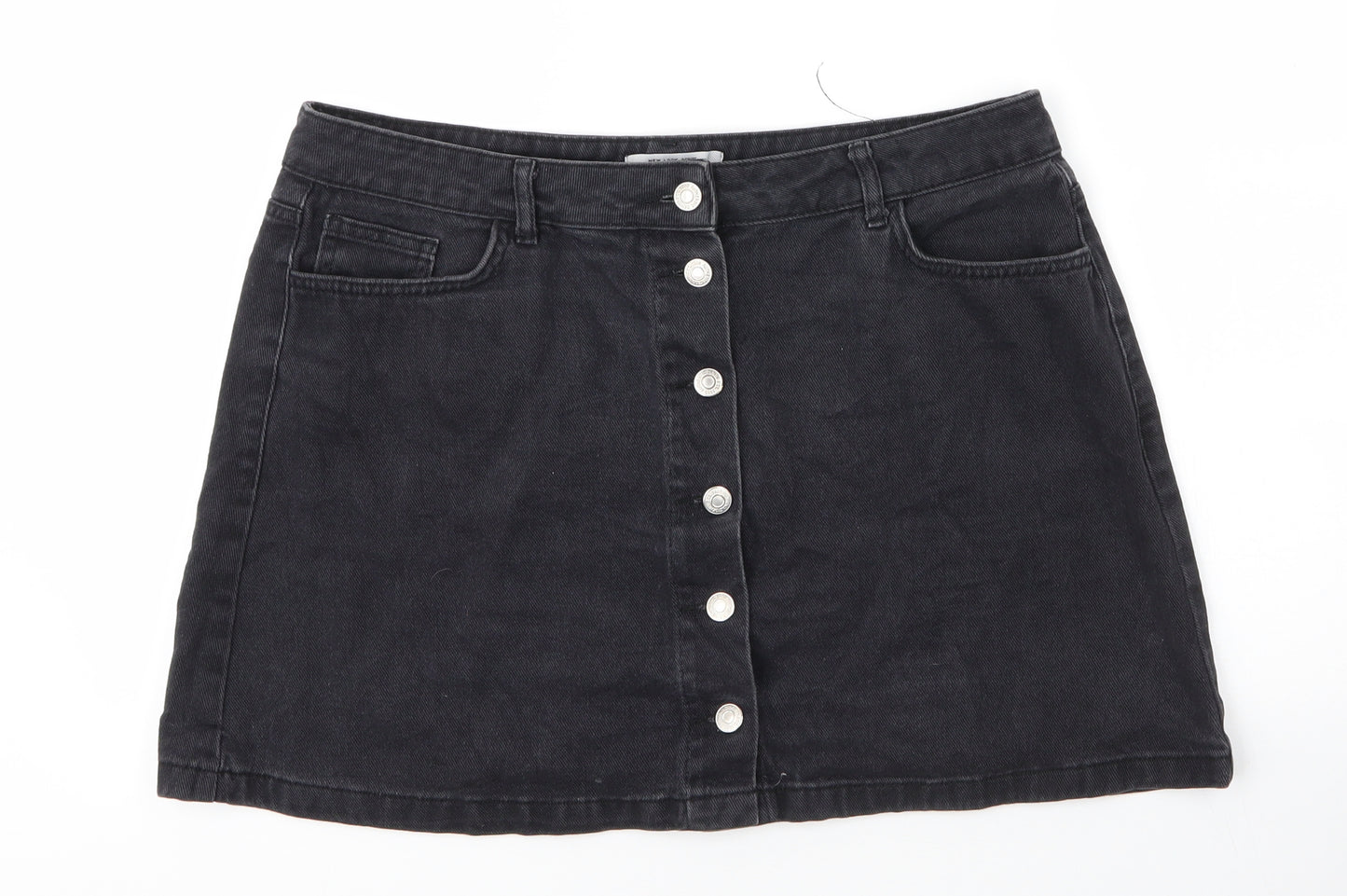 New Look Womens Black  Cotton A-Line Skirt Size 16   Button