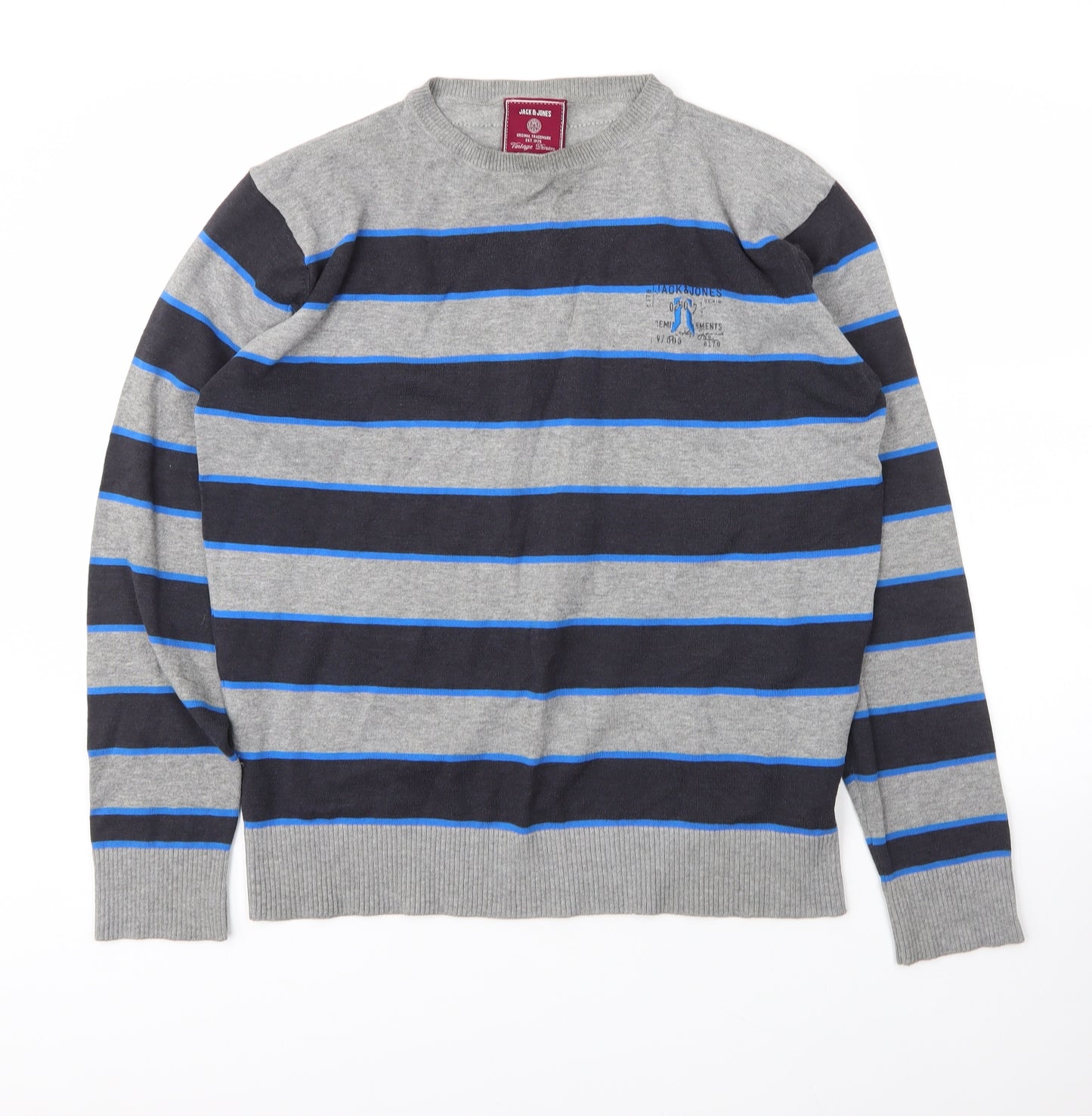 JACK & JONES Mens Grey Round Neck Striped Cotton Pullover Jumper Size XL