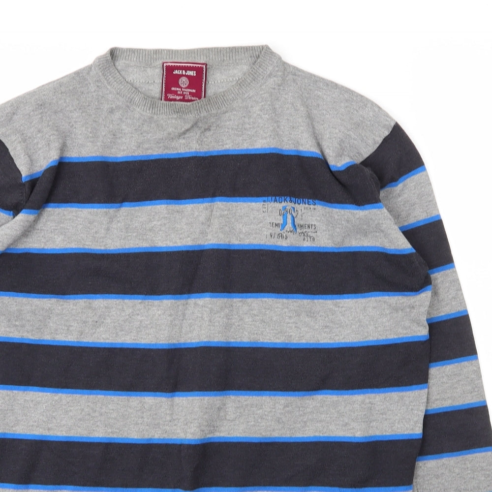 JACK & JONES Mens Grey Round Neck Striped Cotton Pullover Jumper Size XL