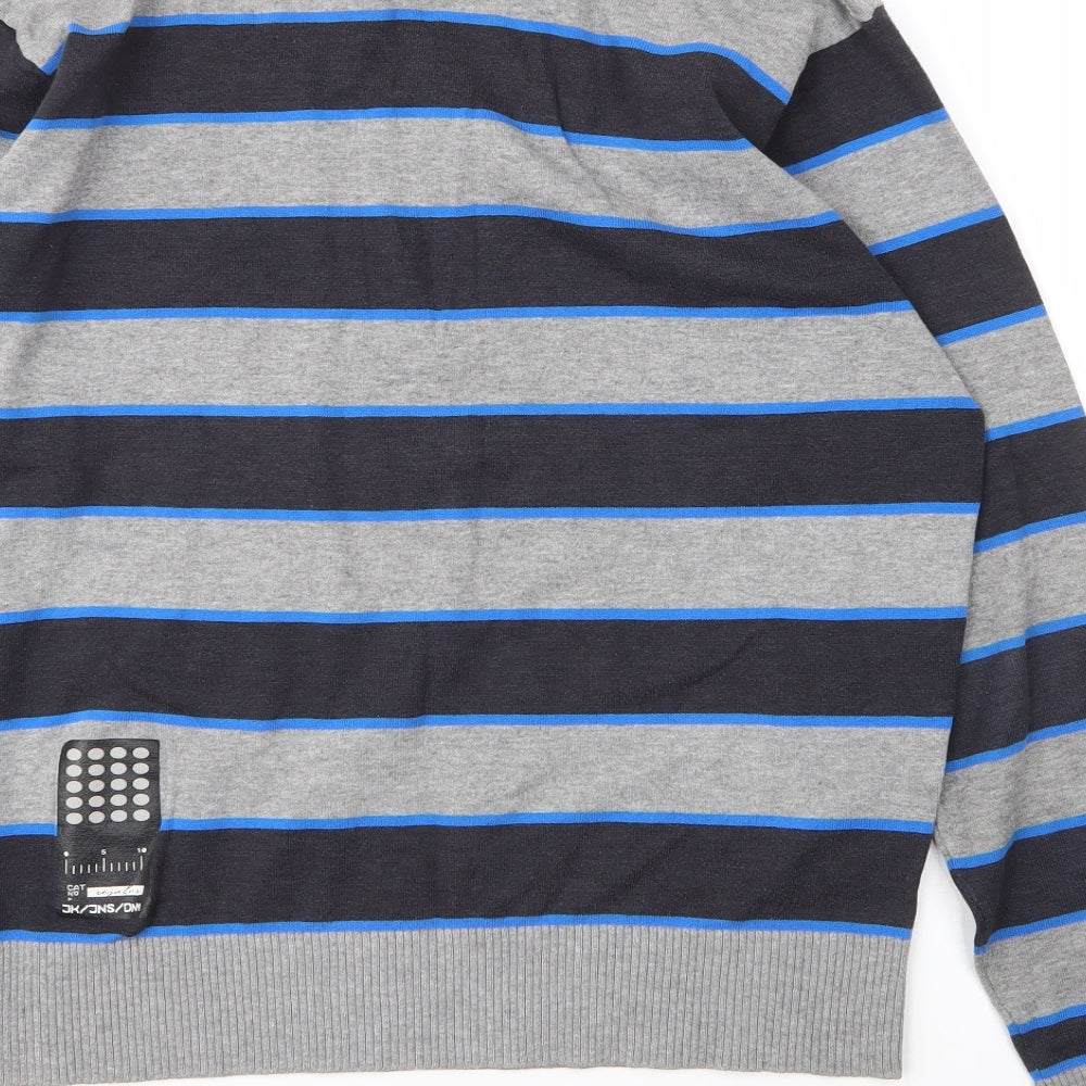 JACK & JONES Mens Grey Round Neck Striped Cotton Pullover Jumper Size XL