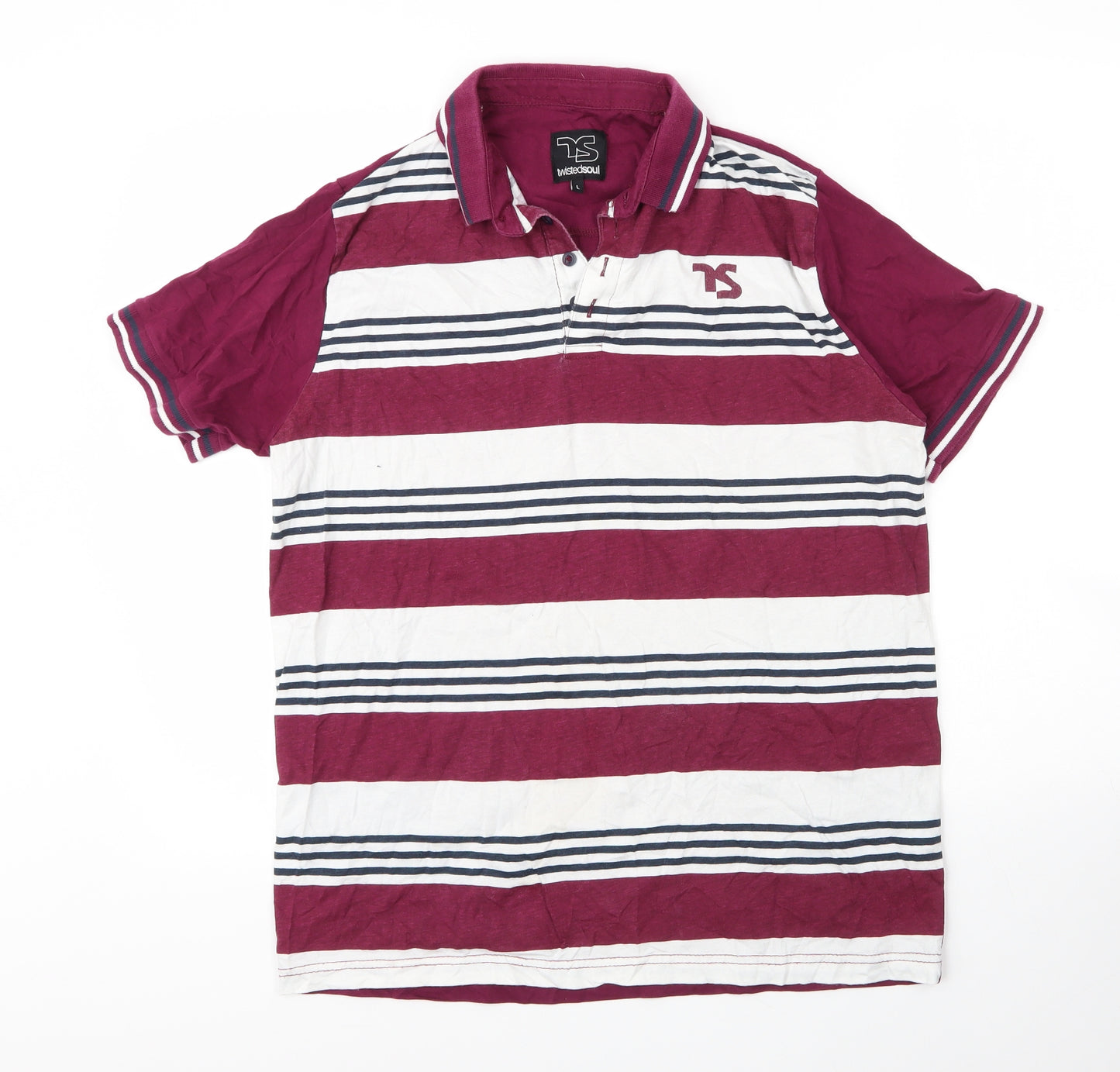 Twisted Soul Mens Purple Striped Cotton  Polo Size L Collared Button