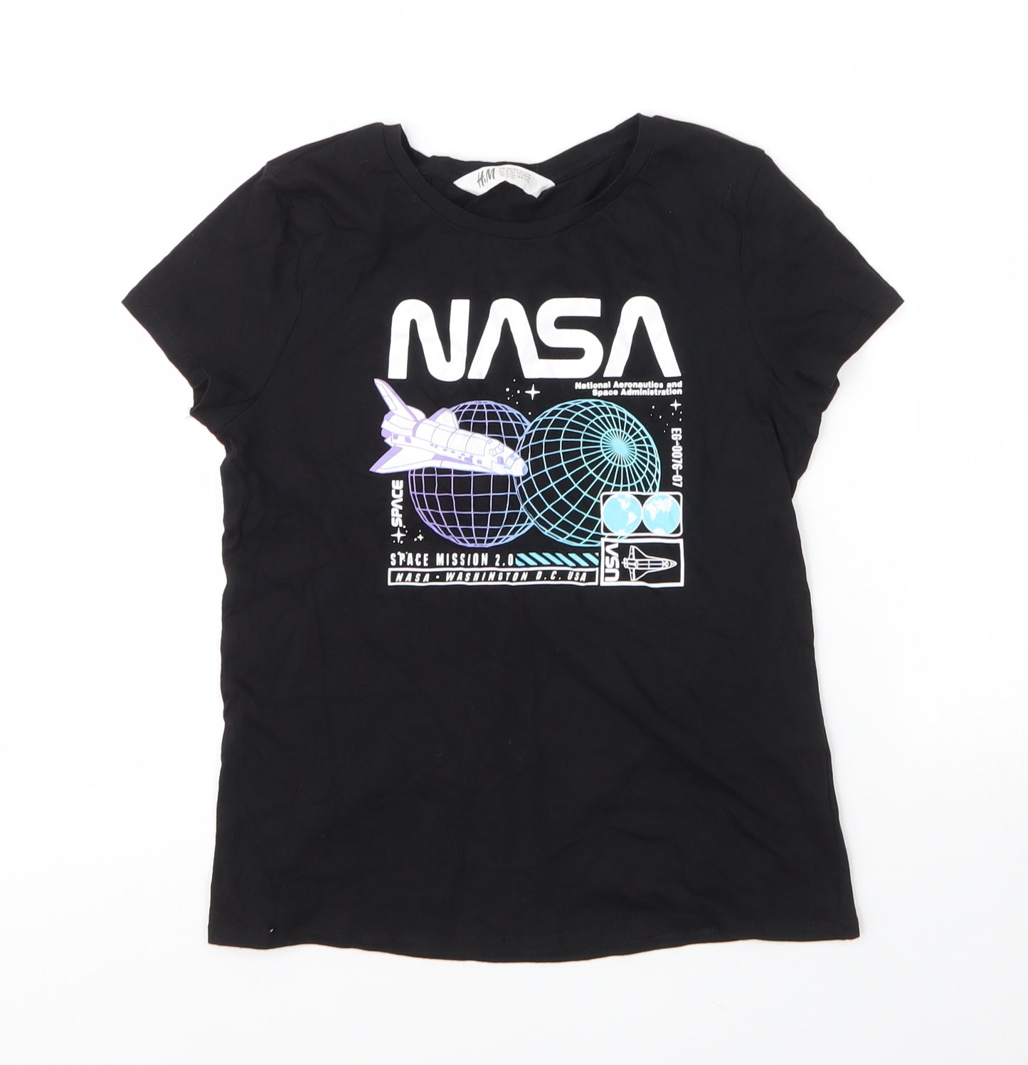 H&M Girls Black  Cotton Basic T-Shirt Size 13 Years Round Neck  - Nasa
