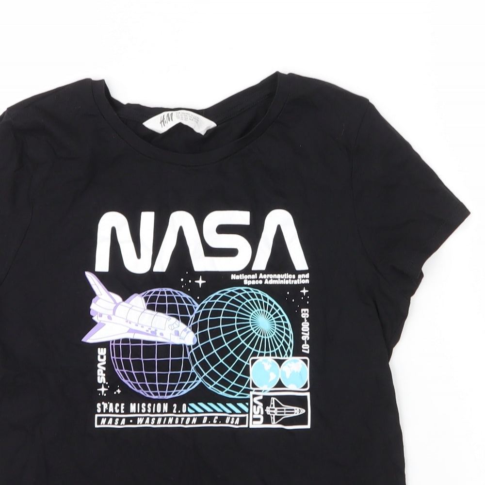 H&M Girls Black  Cotton Basic T-Shirt Size 13 Years Round Neck  - Nasa