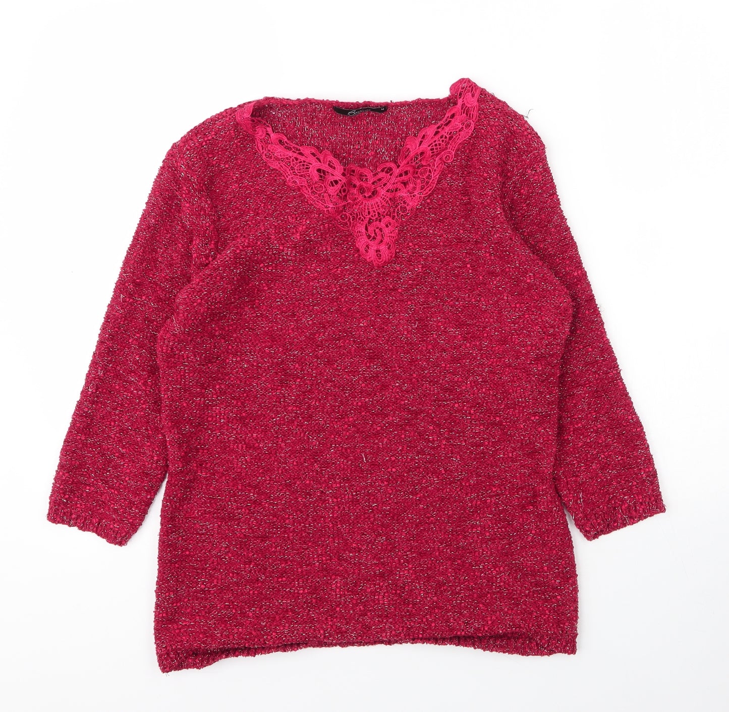 BM Collection Womens Red  Polyester Basic Blouse Size M V-Neck