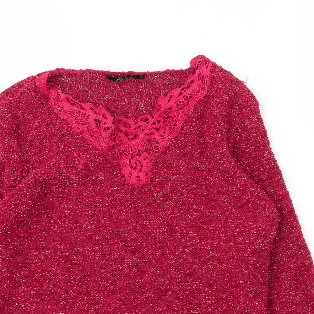 BM Collection Womens Red  Polyester Basic Blouse Size M V-Neck