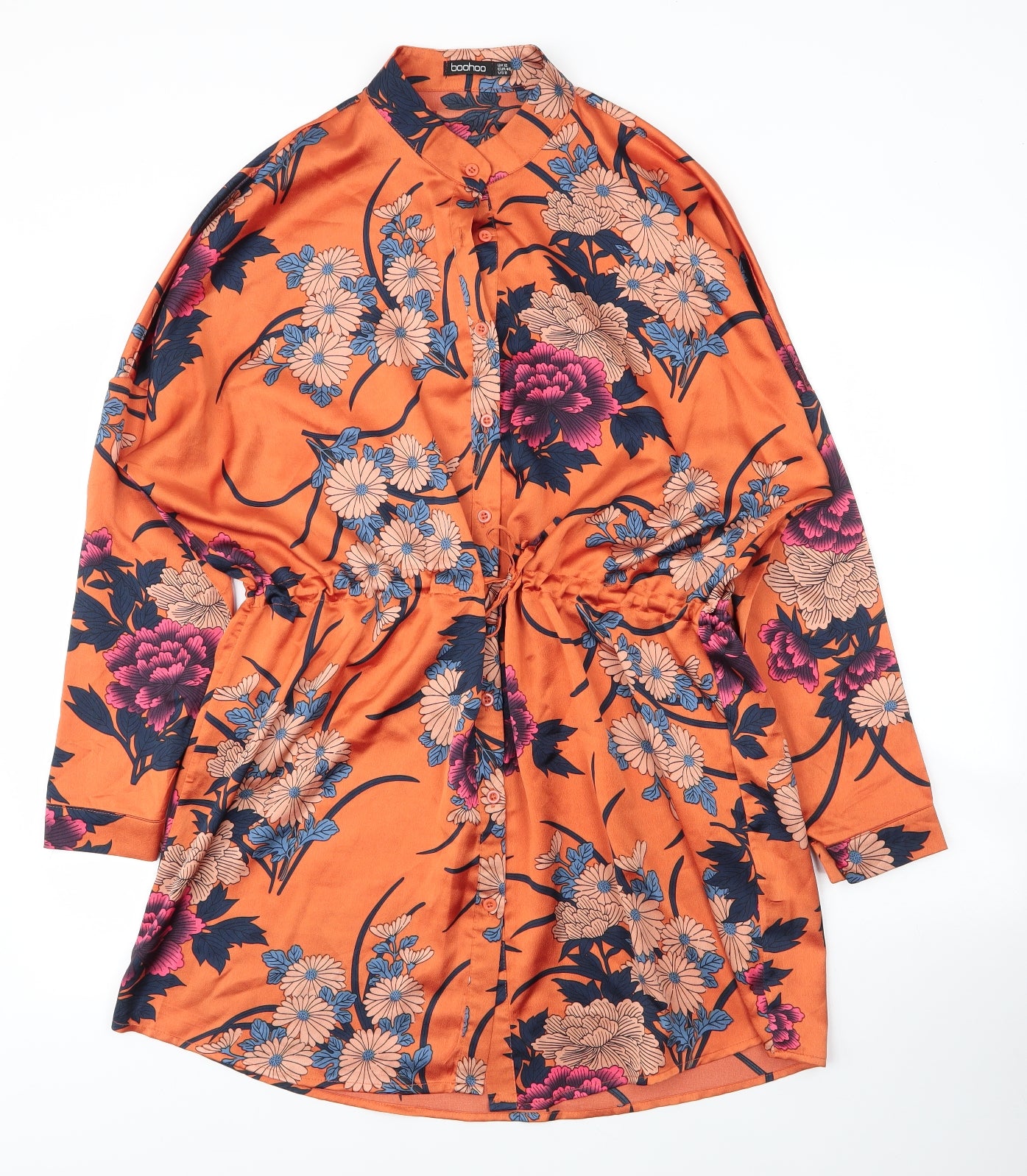 Boohoo Womens Orange Floral Polyester Tunic Blouse Size 12 Round Neck