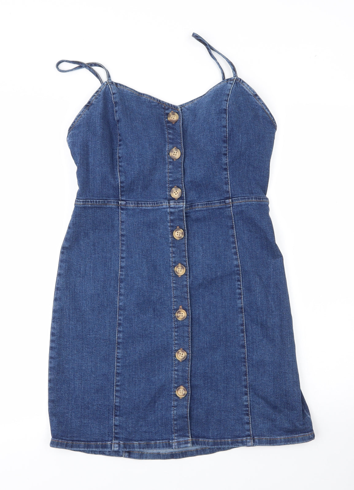 Primark Womens Blue  Cotton Pinafore/Dungaree Dress  Size 12  V-Neck Button