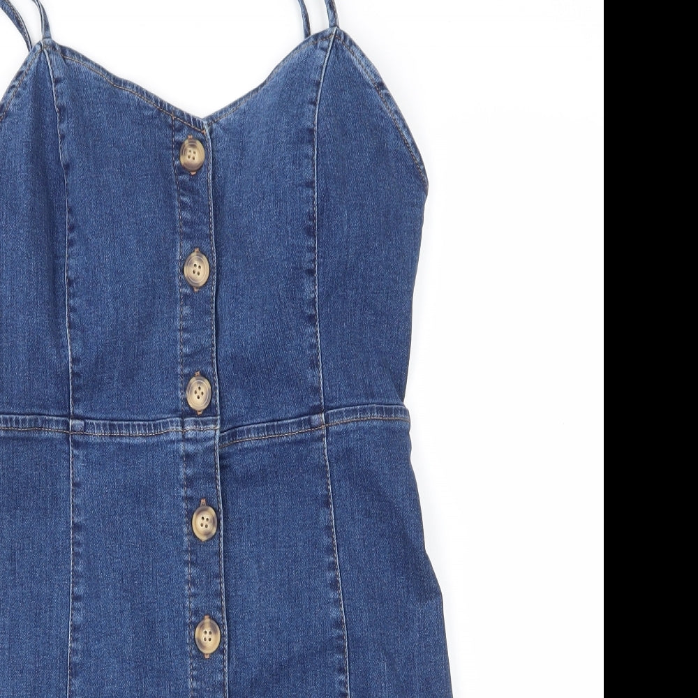 Primark Womens Blue  Cotton Pinafore/Dungaree Dress  Size 12  V-Neck Button