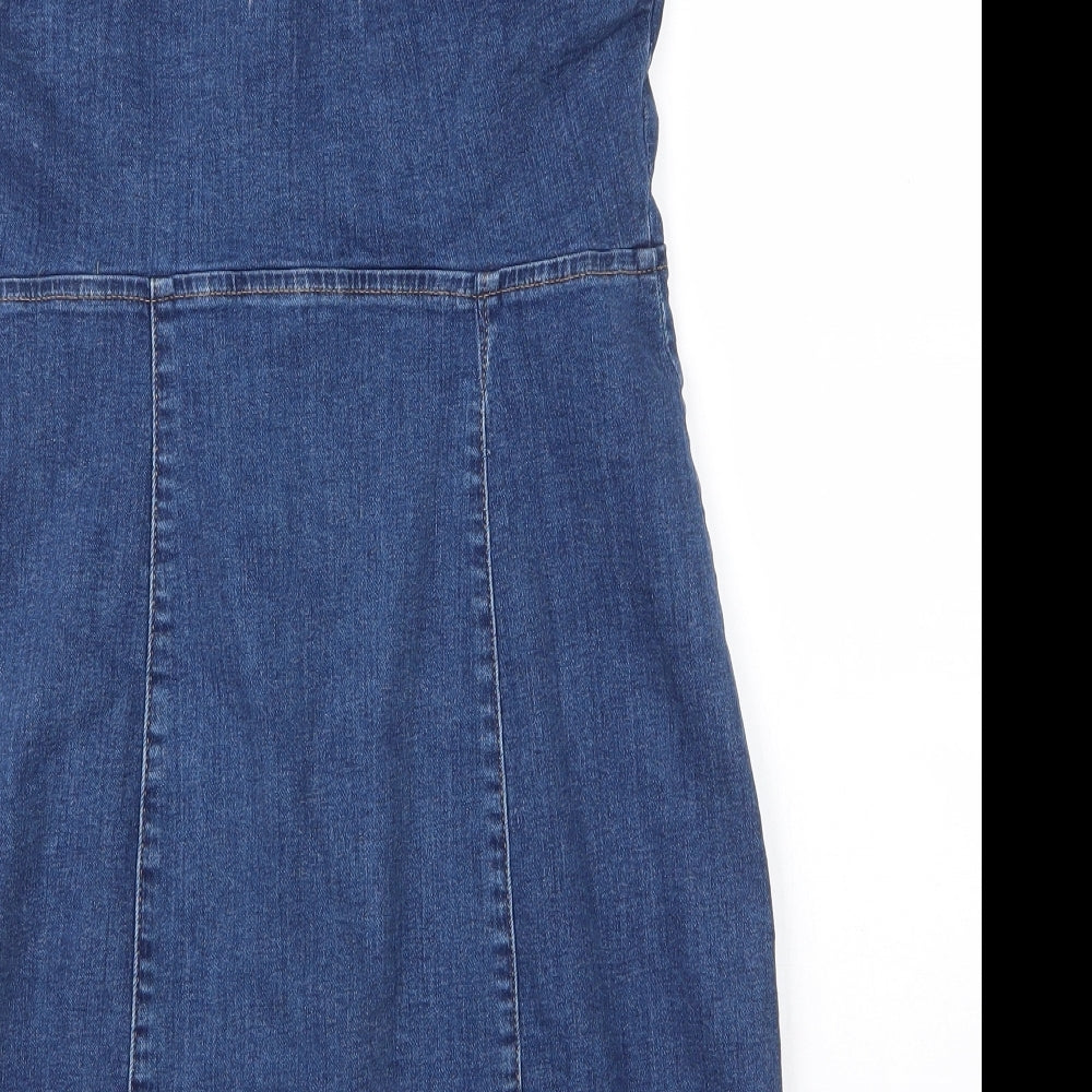 Primark Womens Blue  Cotton Pinafore/Dungaree Dress  Size 12  V-Neck Button