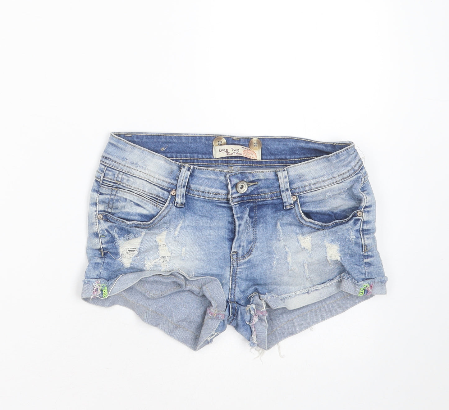 Miss Two Womens Blue  Cotton Hot Pants Shorts Size M  Regular  - distressed