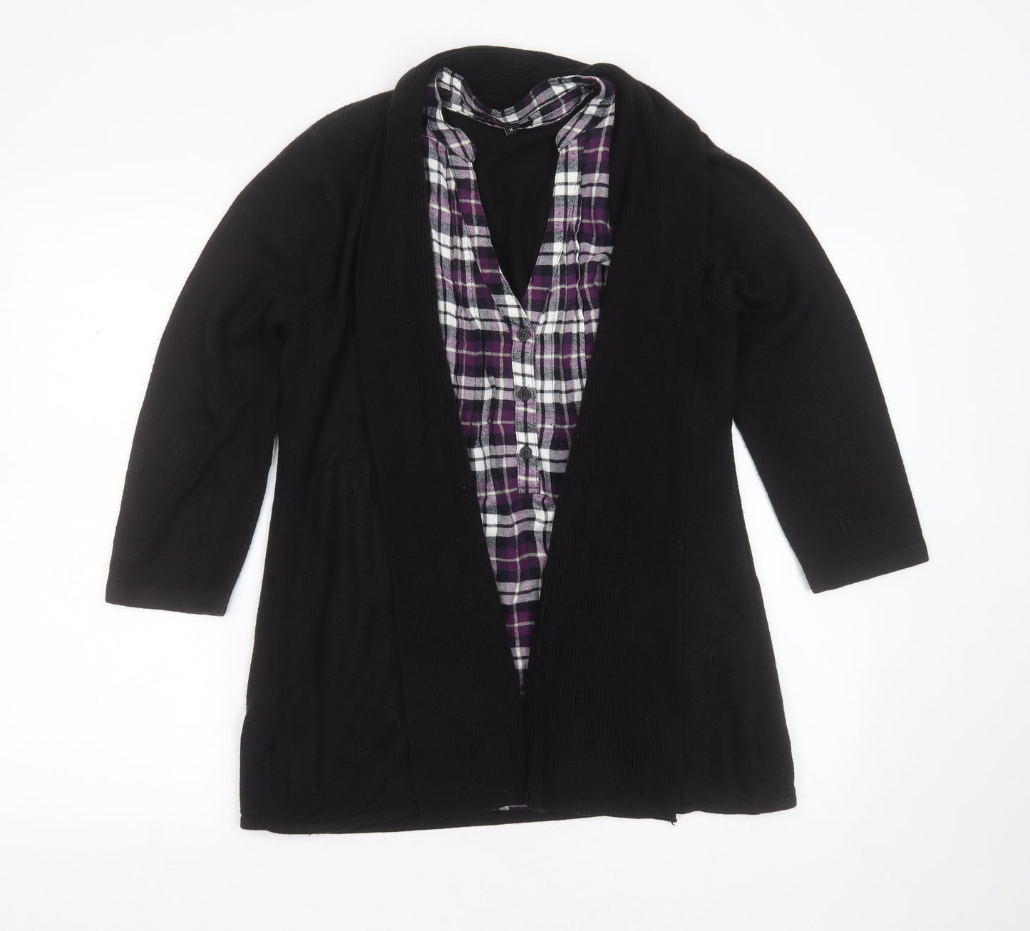 Papaya Womens Black V-Neck Plaid Acrylic Cardigan Jumper Size 16   - blouse with cardigan