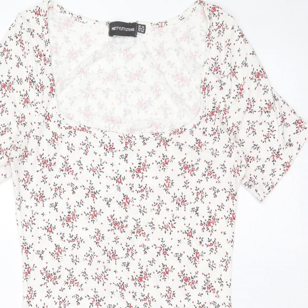 Primark Womens White Floral Viscose Basic T-Shirt Size 10 Round Neck