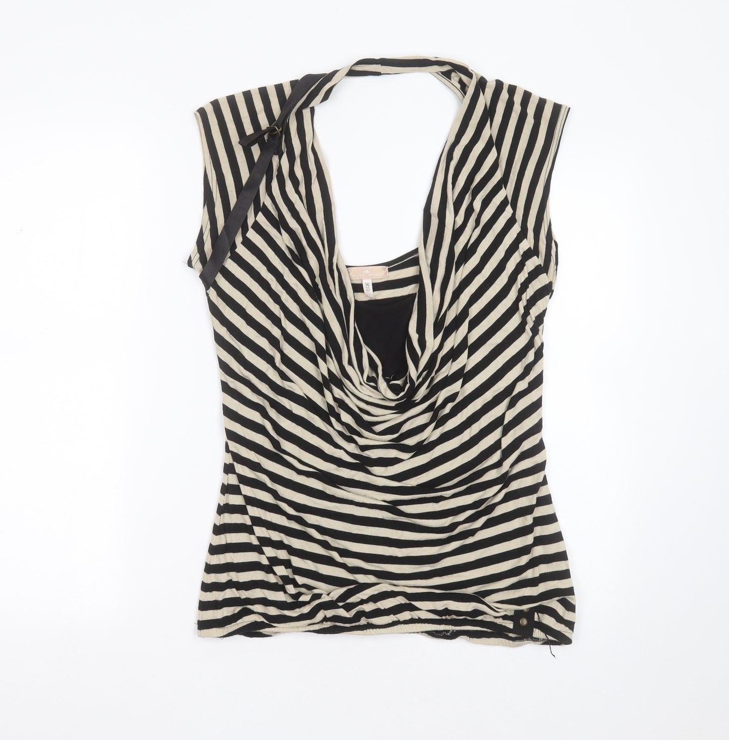 River Island Womens Black Striped Viscose Basic T-Shirt Size 16 Scoop Neck