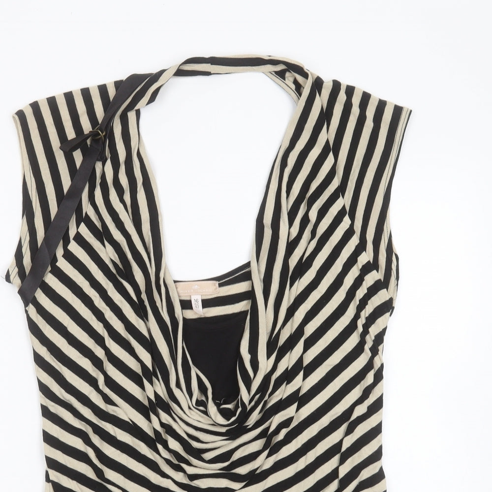 River Island Womens Black Striped Viscose Basic T-Shirt Size 16 Scoop Neck