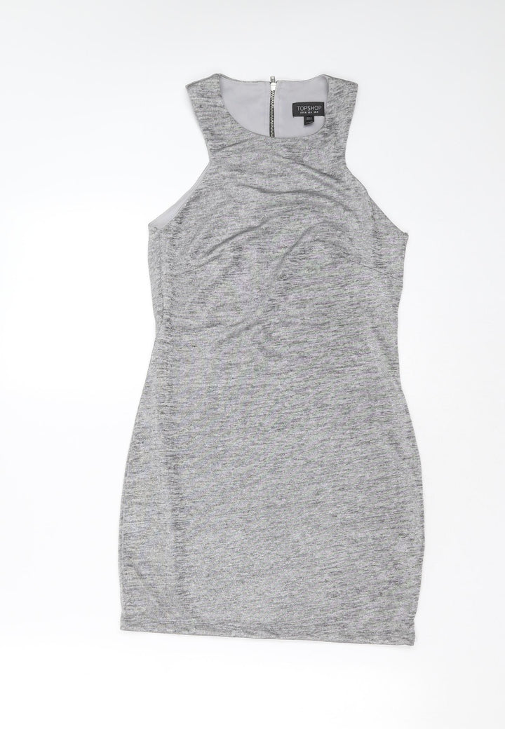 Topshop Womens Silver Polyester Blend Mini Size 8 Round Neck