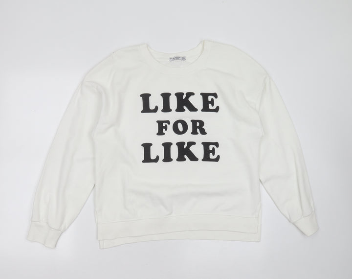 Bershka Womens White  Cotton Blend Pullover Sweatshirt Size L   - like for like