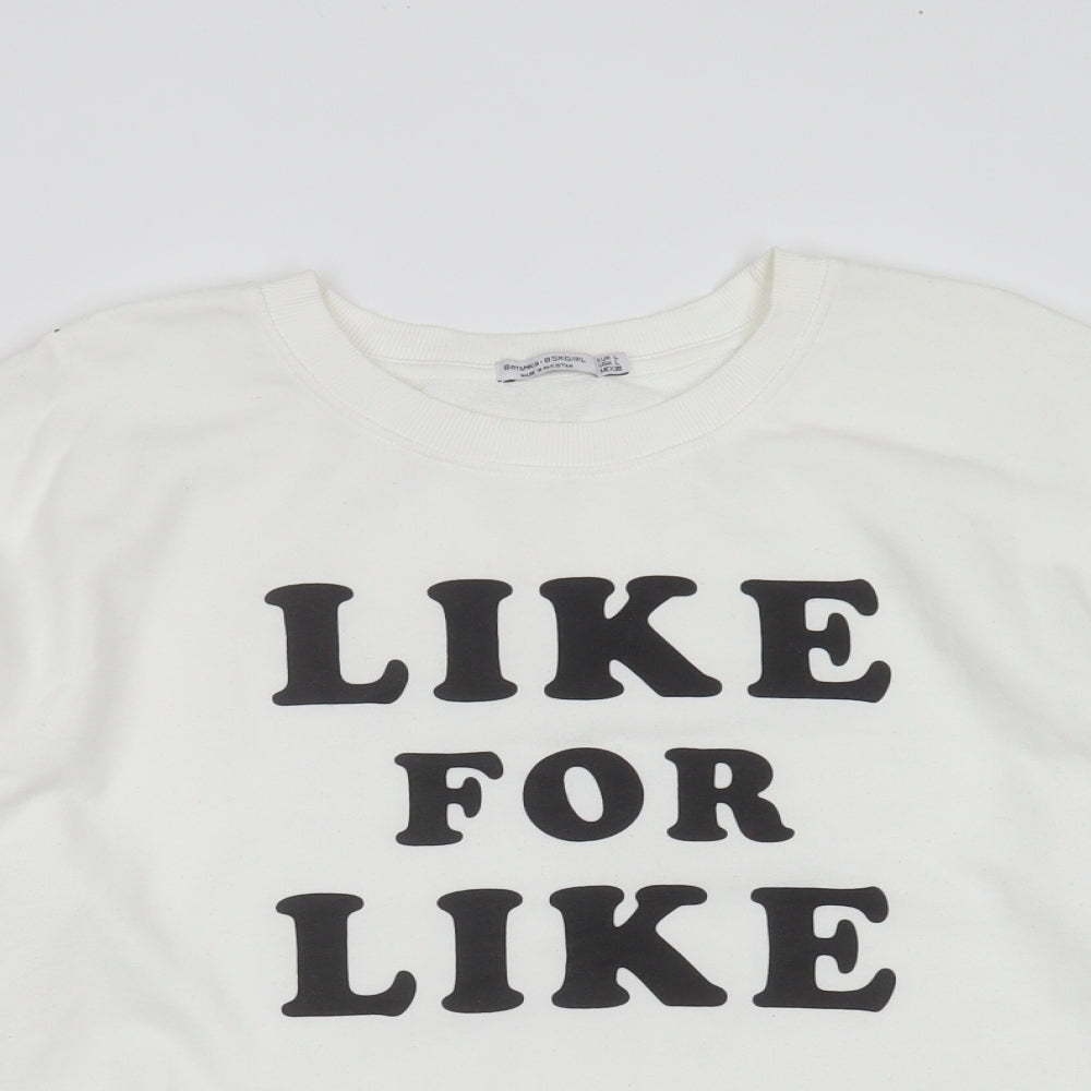Bershka Womens White  Cotton Blend Pullover Sweatshirt Size L   - like for like