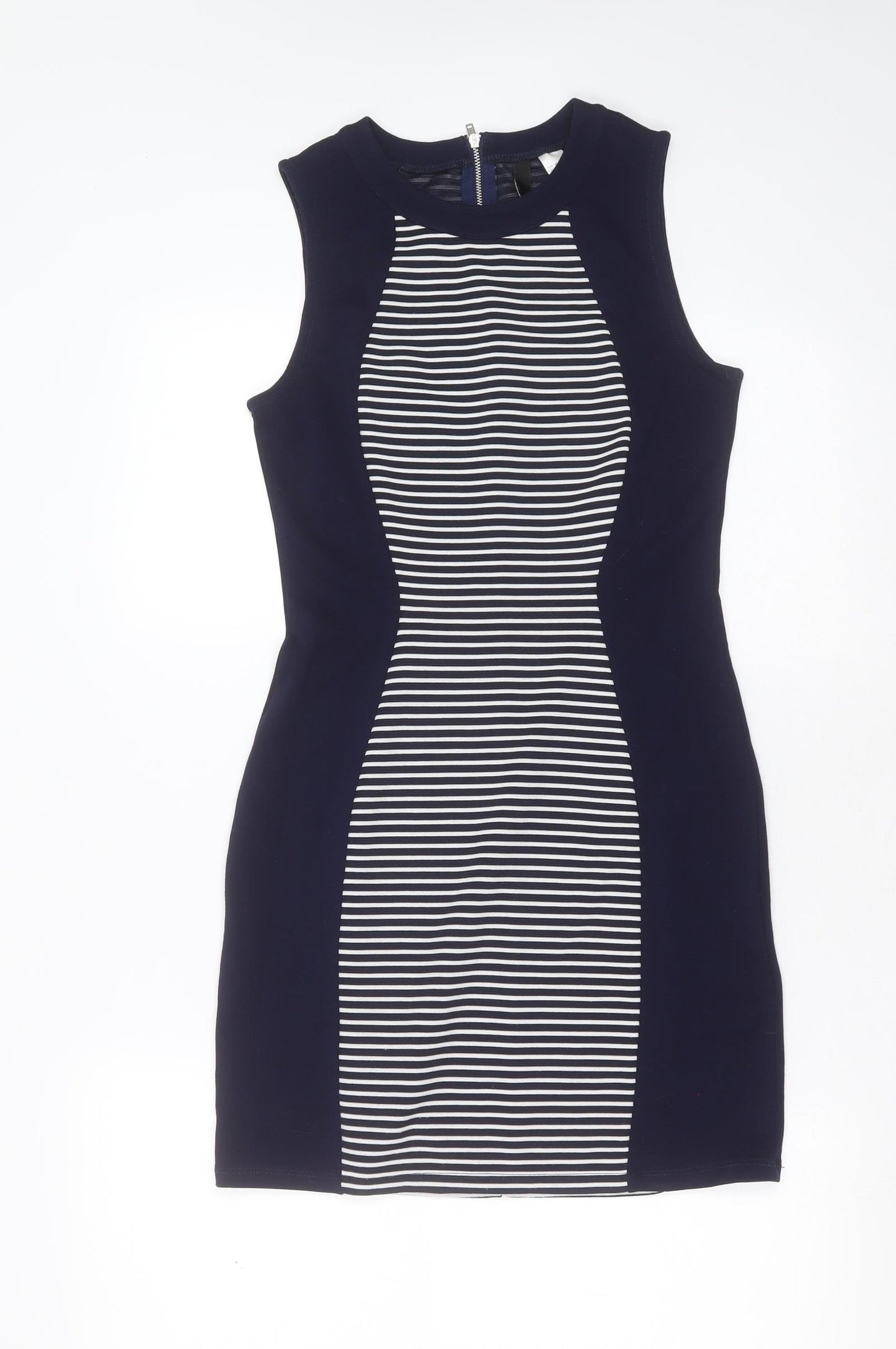 Divided by H&M Womens Blue Striped Polyester Mini  Size 10  Round Neck