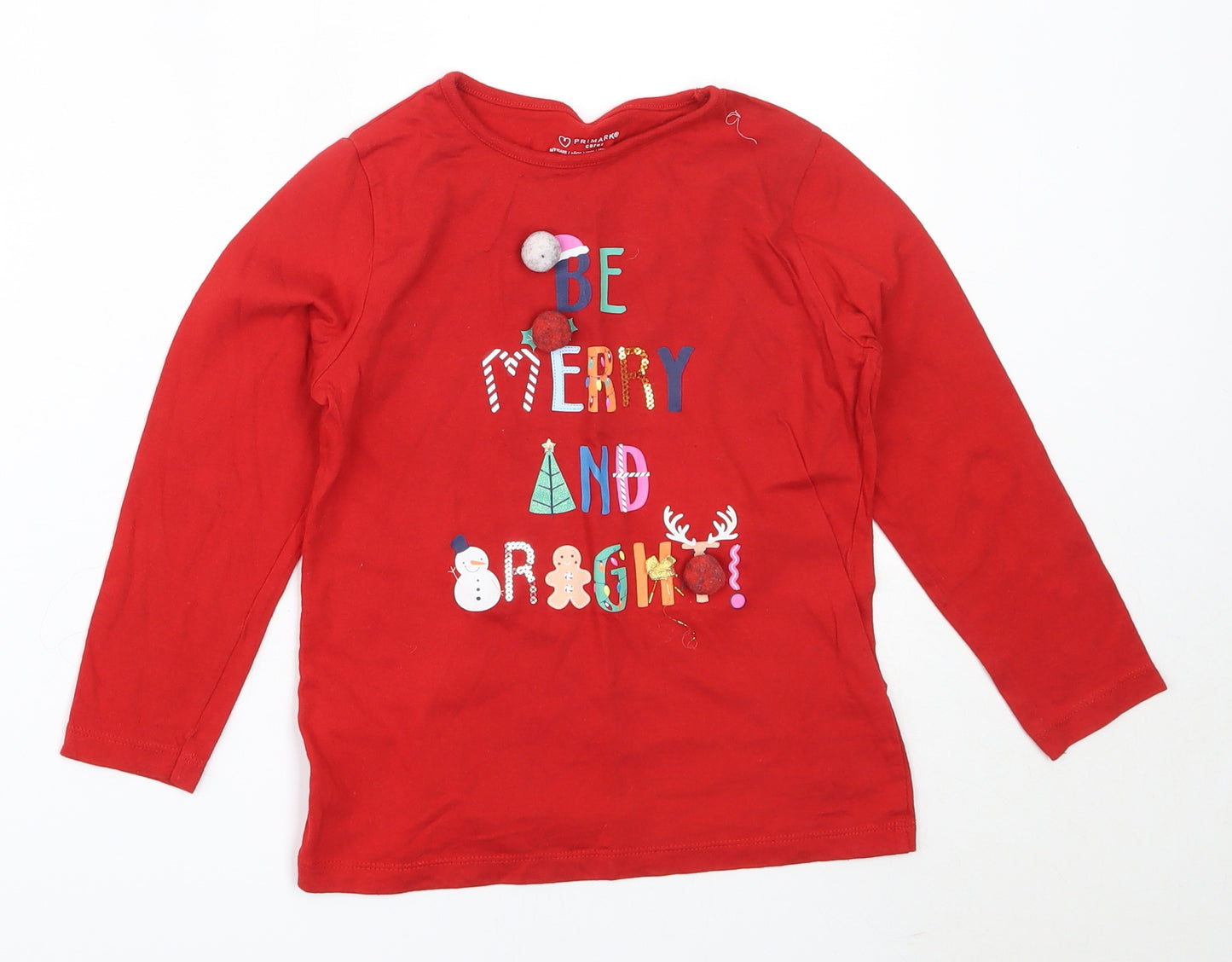 Primark Girls Red  Cotton Basic T-Shirt Size 6-7 Years Round Neck  - christmas