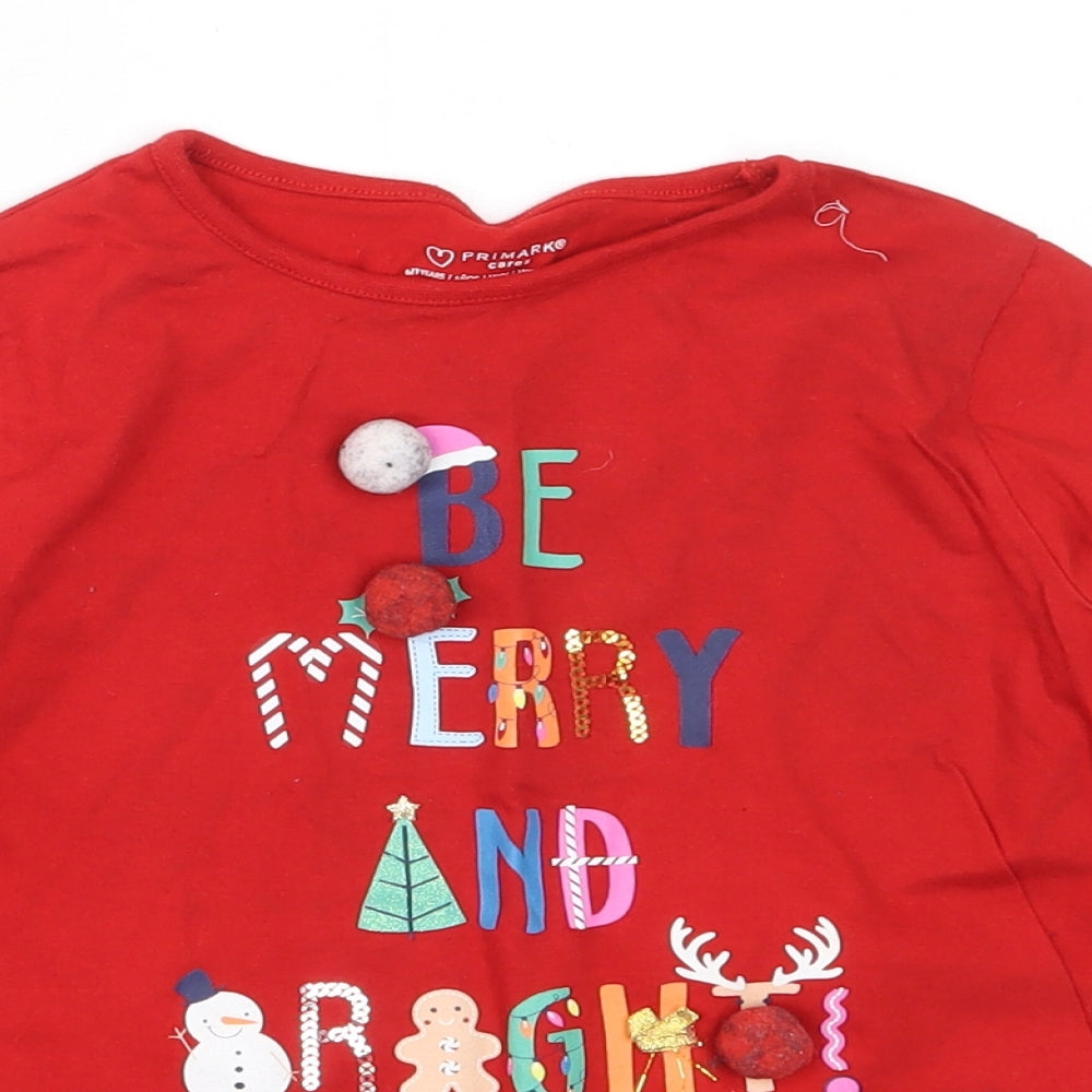 Primark Girls Red  Cotton Basic T-Shirt Size 6-7 Years Round Neck  - christmas