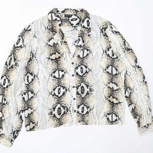 Topshop Womens Ivory Animal Print Polyester Basic Button-Up Size 14 Collared