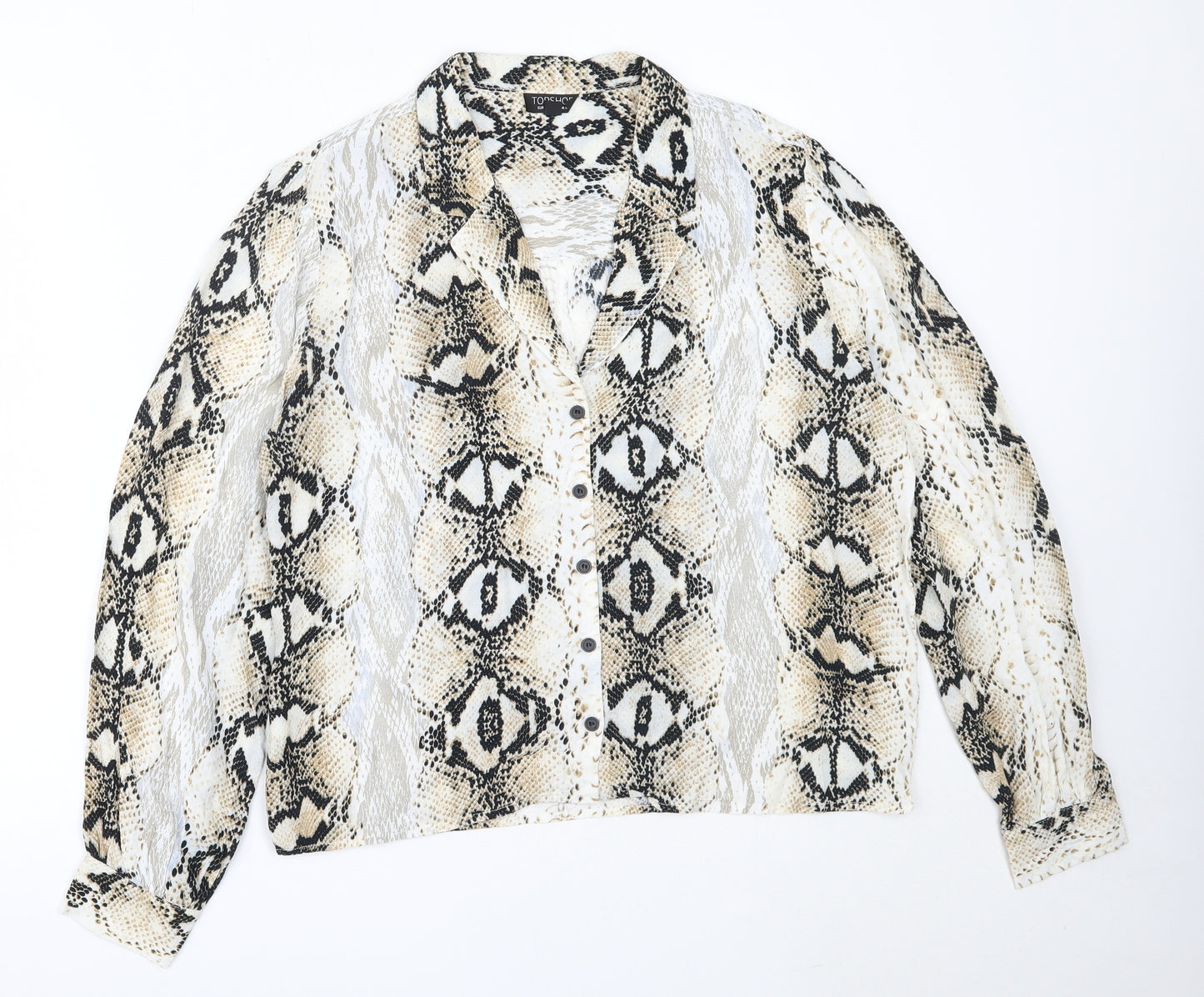 Topshop Womens Ivory Animal Print Polyester Basic Button-Up Size 14 Collared