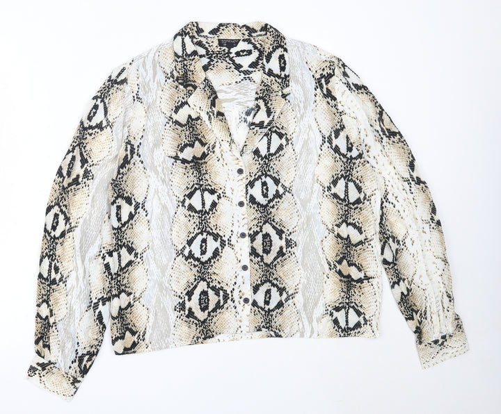 Topshop Womens Ivory Animal Print Polyester Basic Button-Up Size 14 Collared