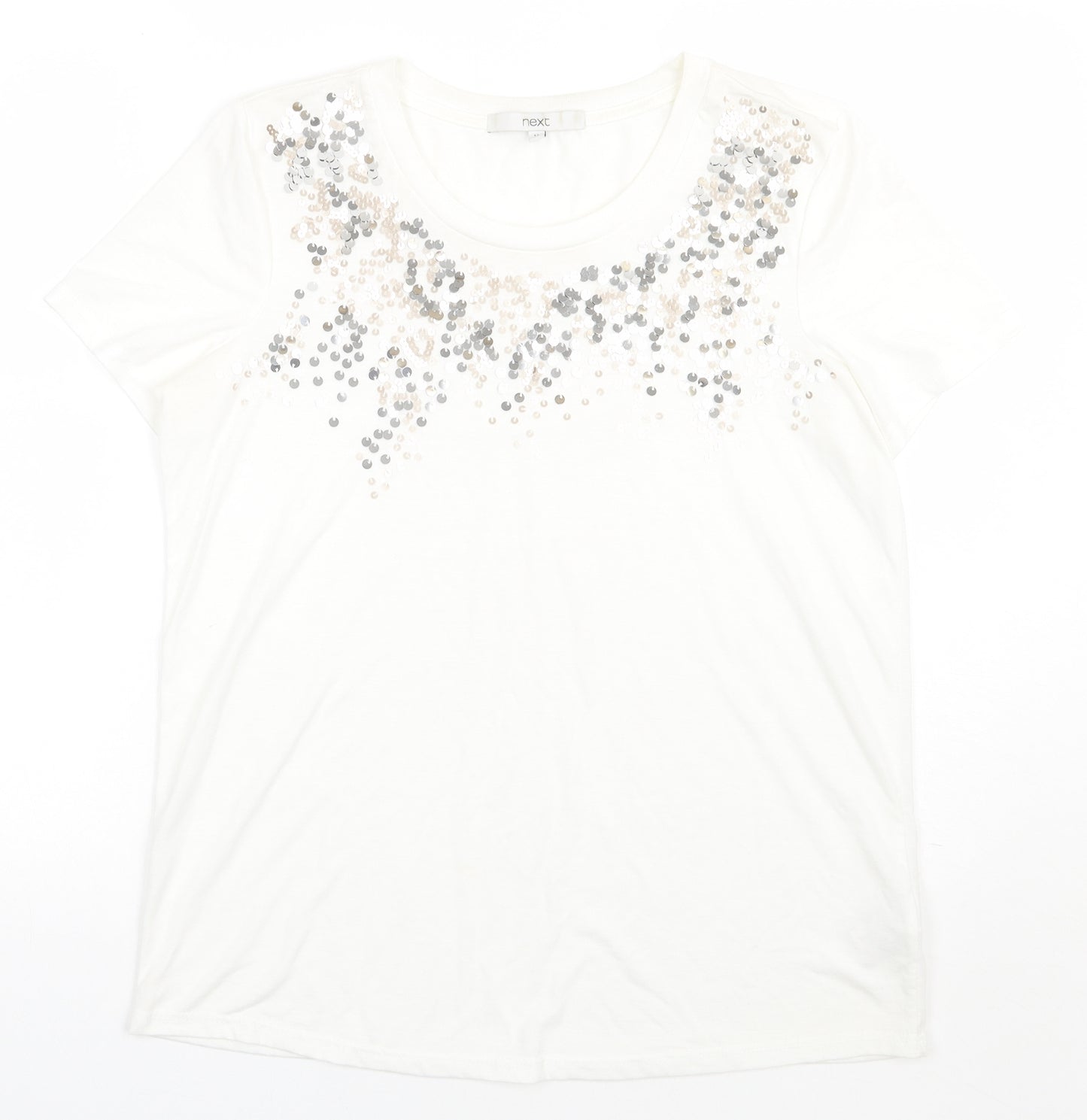 NEXT Womens White Fair Isle Viscose Basic T-Shirt Size 12 Crew Neck - Sequin detail