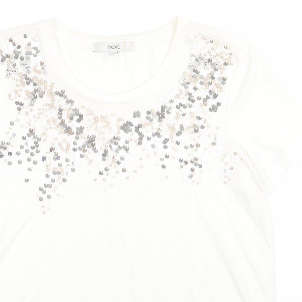 NEXT Womens White Fair Isle Viscose Basic T-Shirt Size 12 Crew Neck - Sequin detail