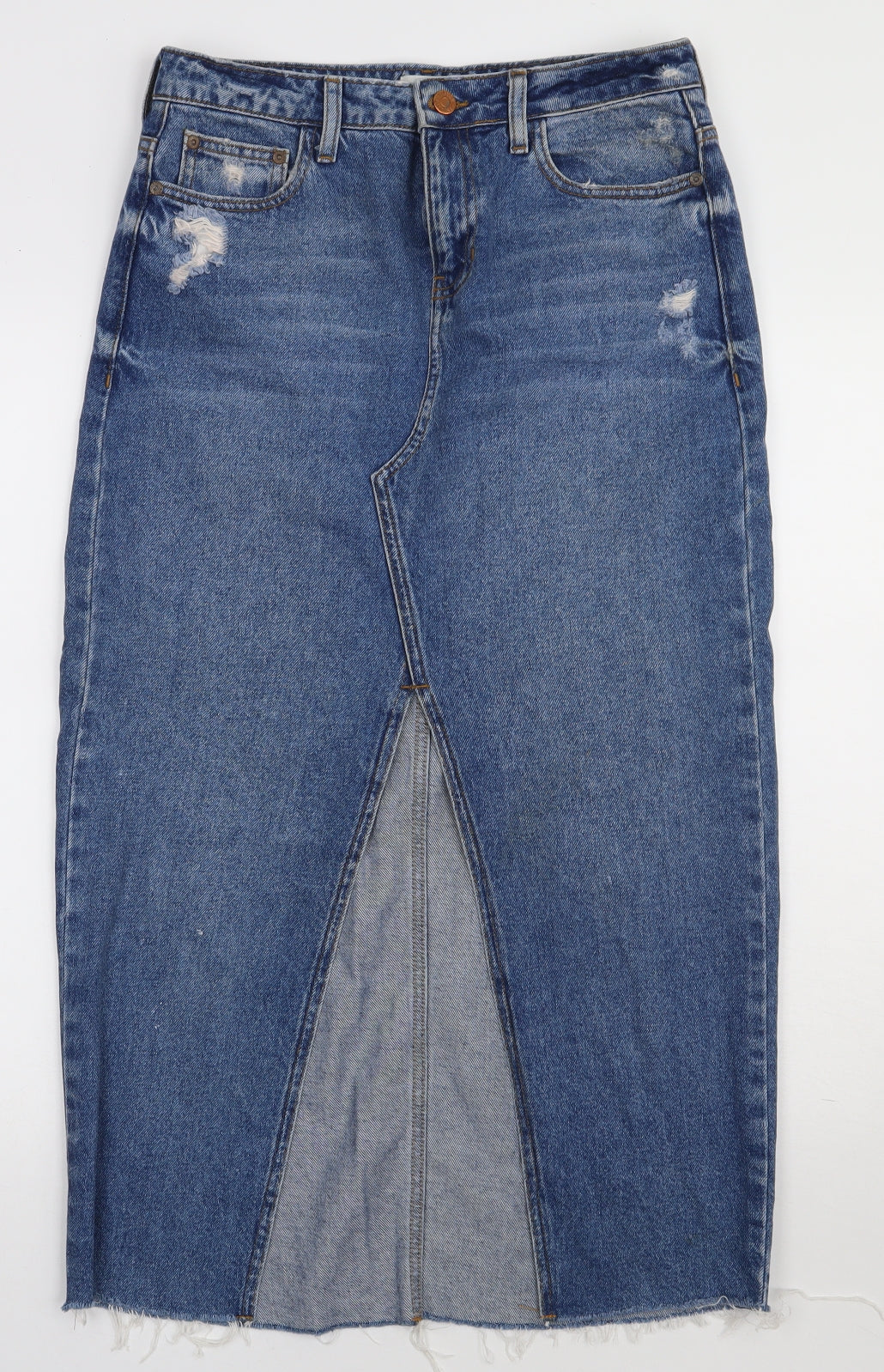 River Island Womens Blue  Cotton A-Line Skirt Size 10   Button