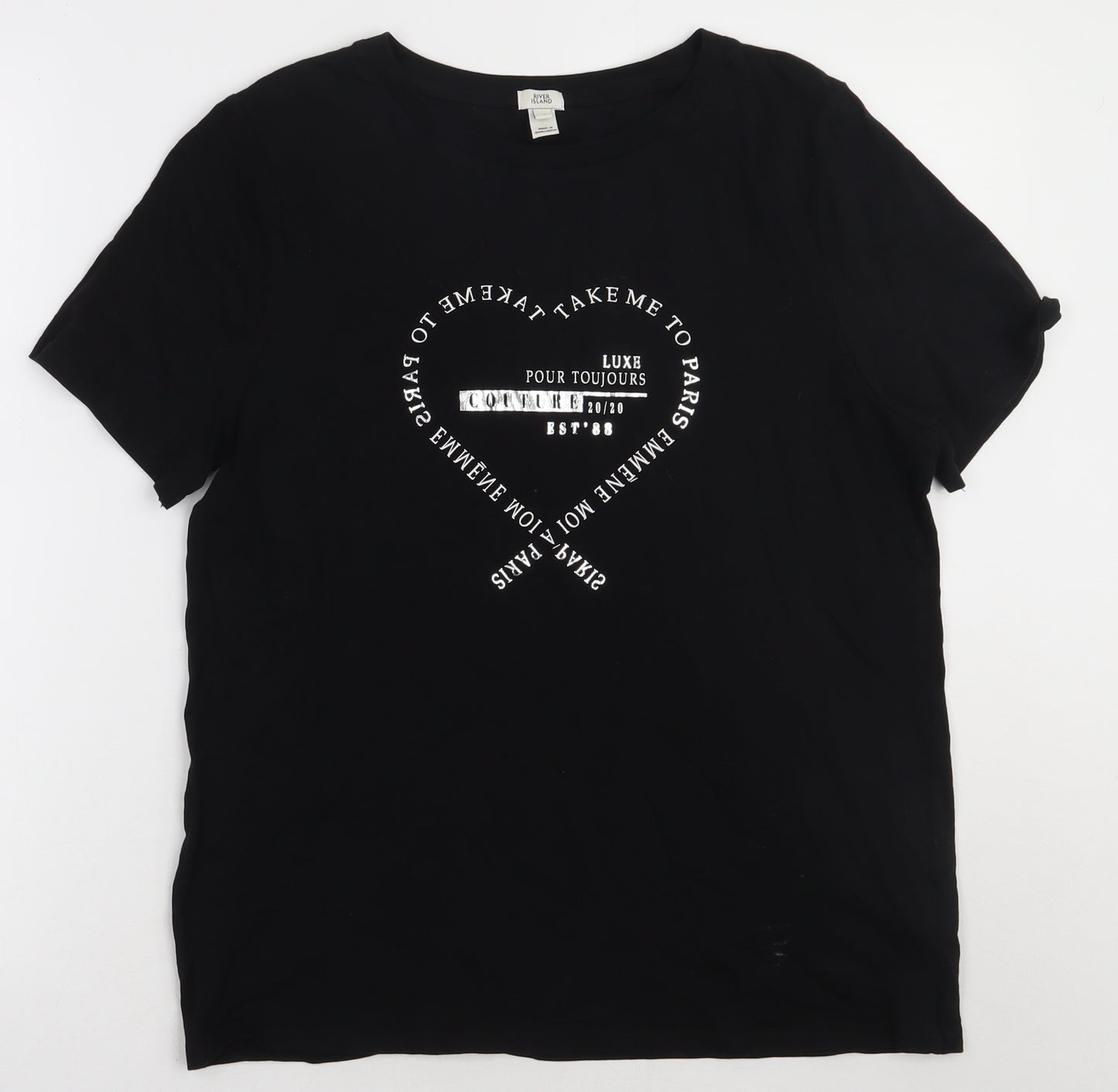 River Island Womens Black  Cotton Basic T-Shirt Size 12 Crew Neck - take me to paris