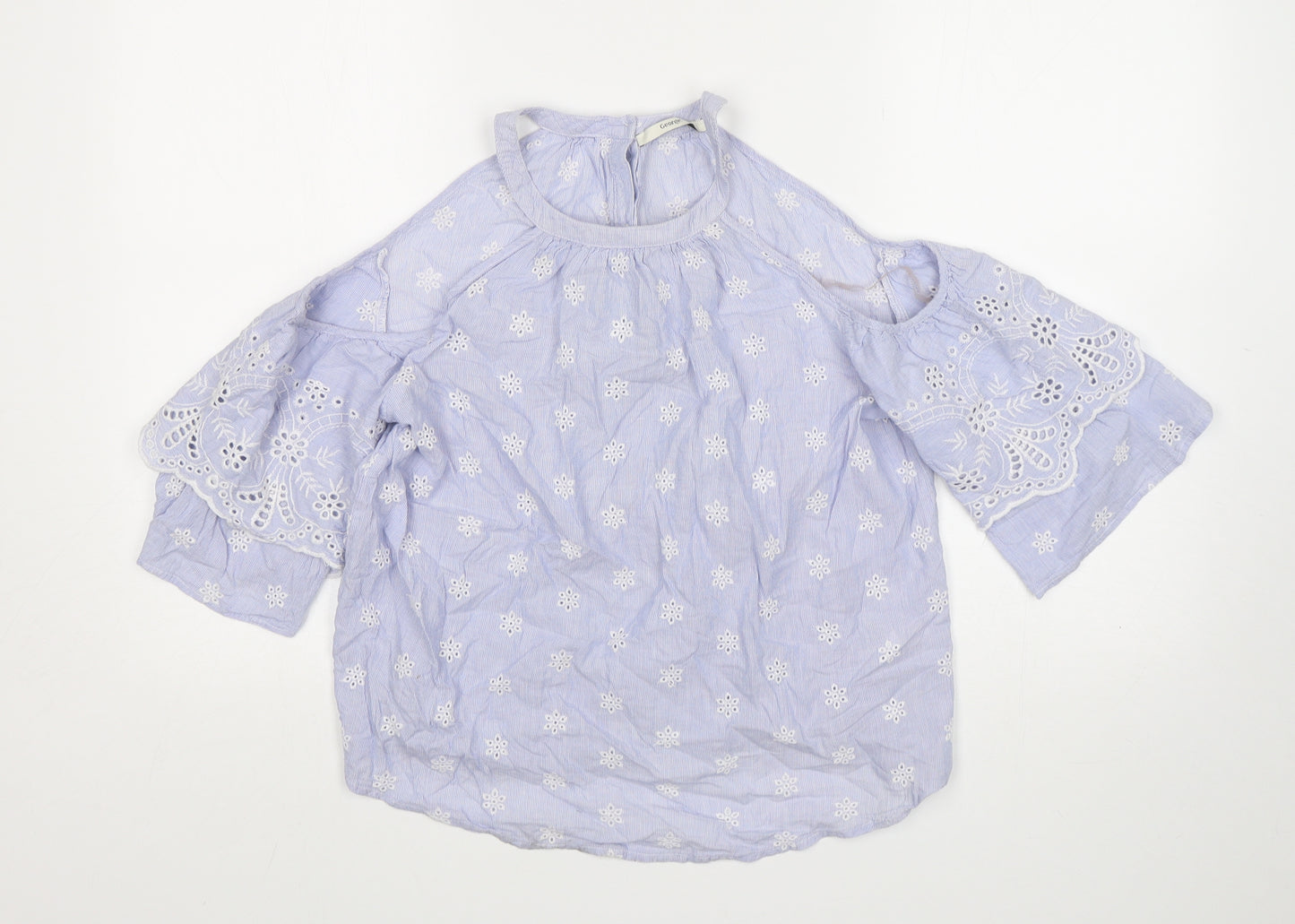 George Womens Blue Floral Cotton Basic Blouse Size 10 Round Neck