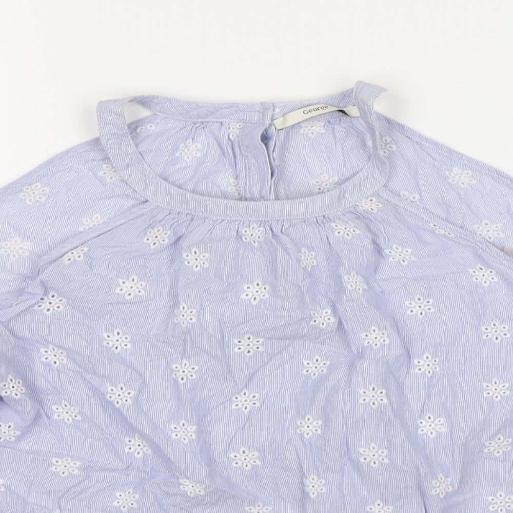 George Womens Blue Floral Cotton Basic Blouse Size 10 Round Neck
