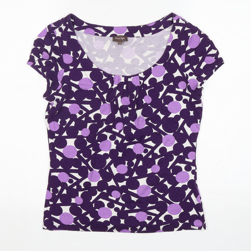 Phase Eight Womens Purple Geometric Viscose Basic T-Shirt Size 10 Scoop Neck