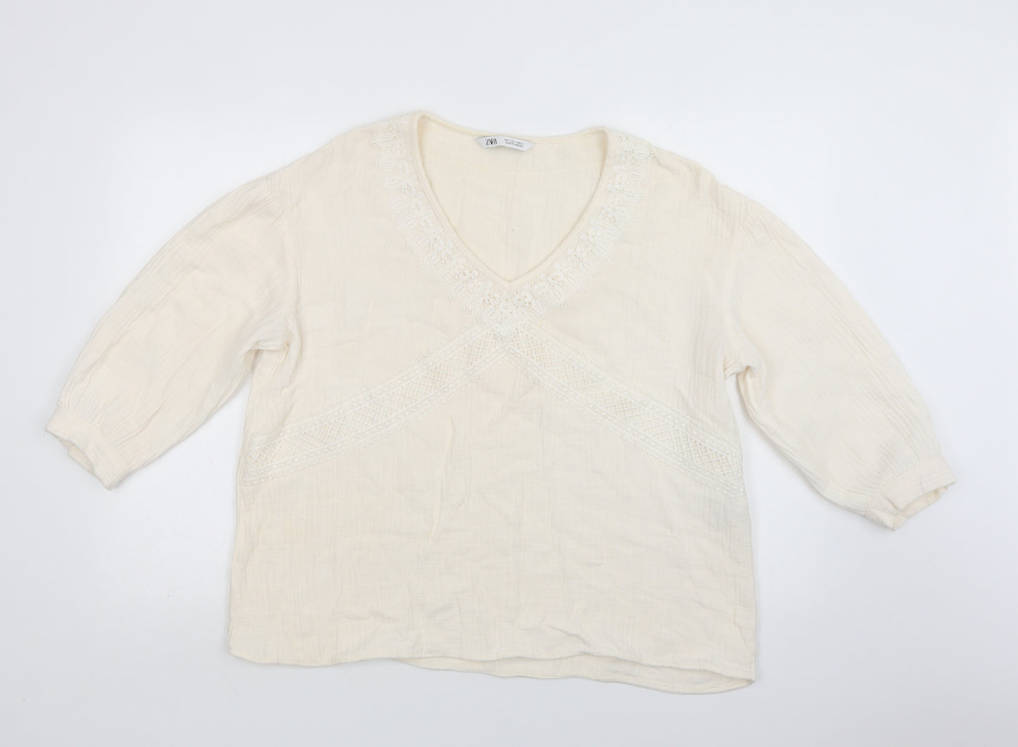 Zara Womens Ivory  Cotton Basic Blouse Size S V-Neck - Lace Detail