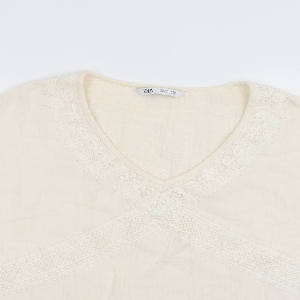 Zara Womens Ivory  Cotton Basic Blouse Size S V-Neck - Lace Detail
