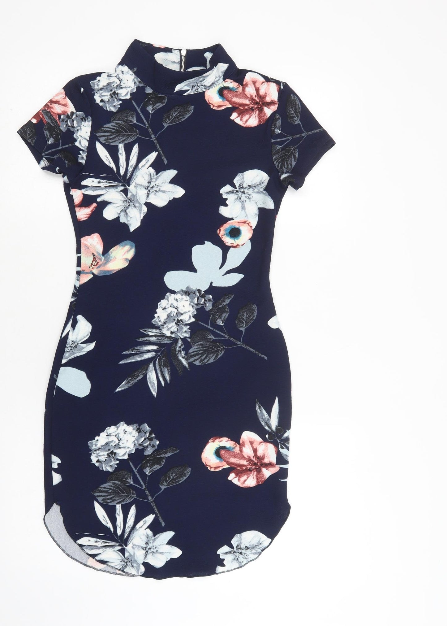 AX Paris Womens Blue Floral Polyester Bodycon  Size 8  Mock Neck Zip