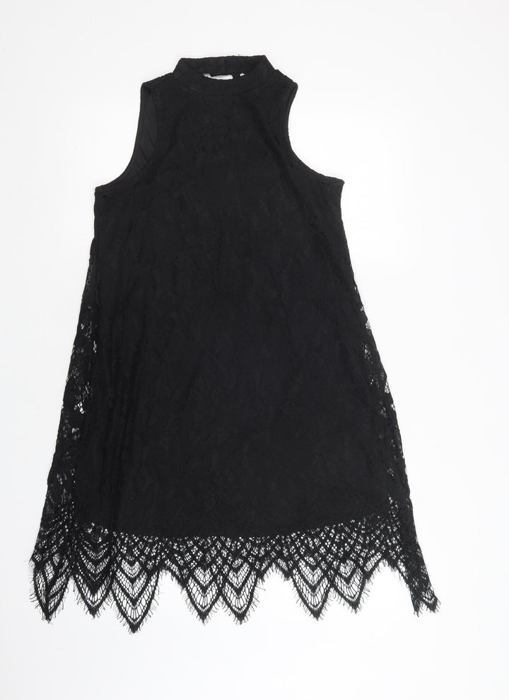 Love Fire Womens Black  Nylon Shift  Size XS  Mock Neck Button - Lace Overlay