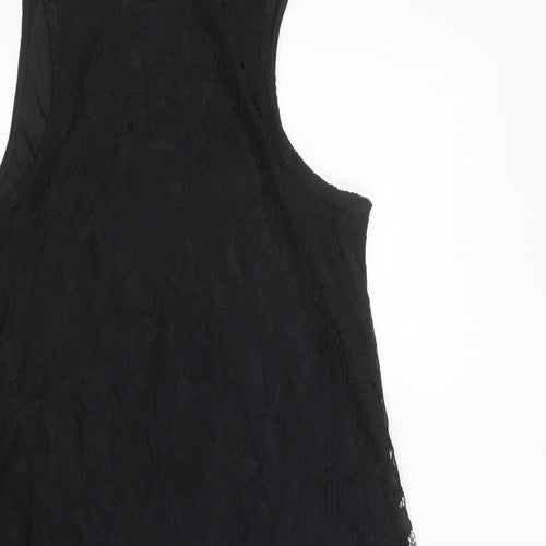 Love Fire Womens Black  Nylon Shift  Size XS  Mock Neck Button - Lace Overlay