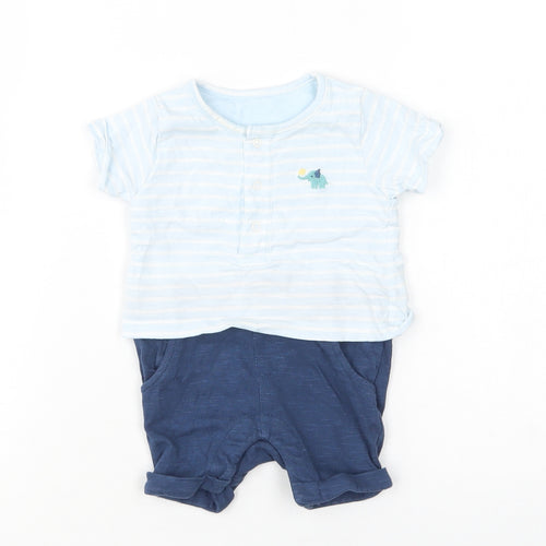 M&S Baby Blue Striped Cotton Romper One-Piece Size 0-3 Months  Snap