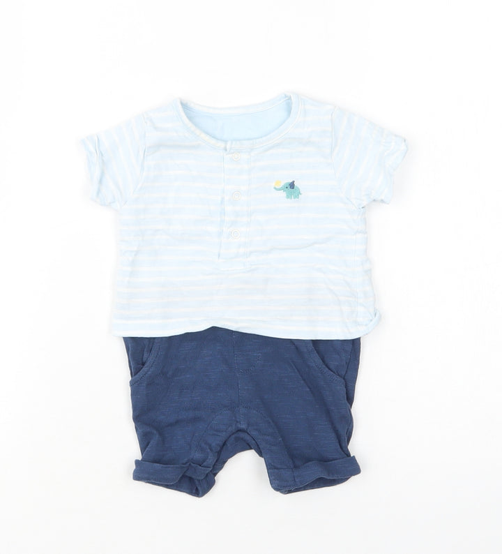 M&S Baby Blue Striped Cotton Romper One-Piece Size 0-3 Months Snap