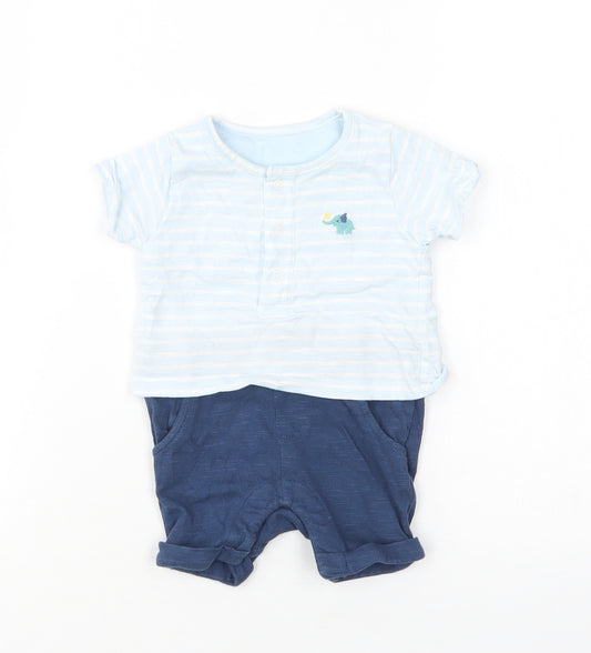Front view of Marks & Spencer Baby Blue Striped Cotton Romper One-Piece, size 0-3, Months Snap