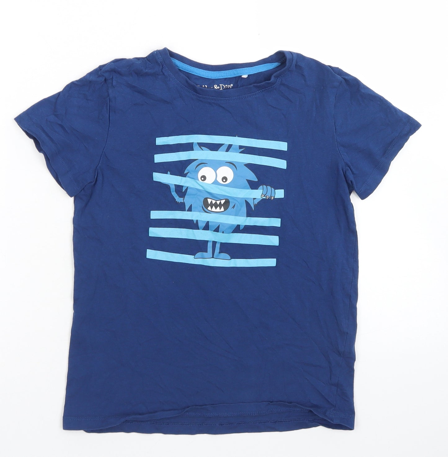 Lily & Dan Boys Blue  Cotton Basic T-Shirt Size 9-10 Years Crew Neck  - Monster