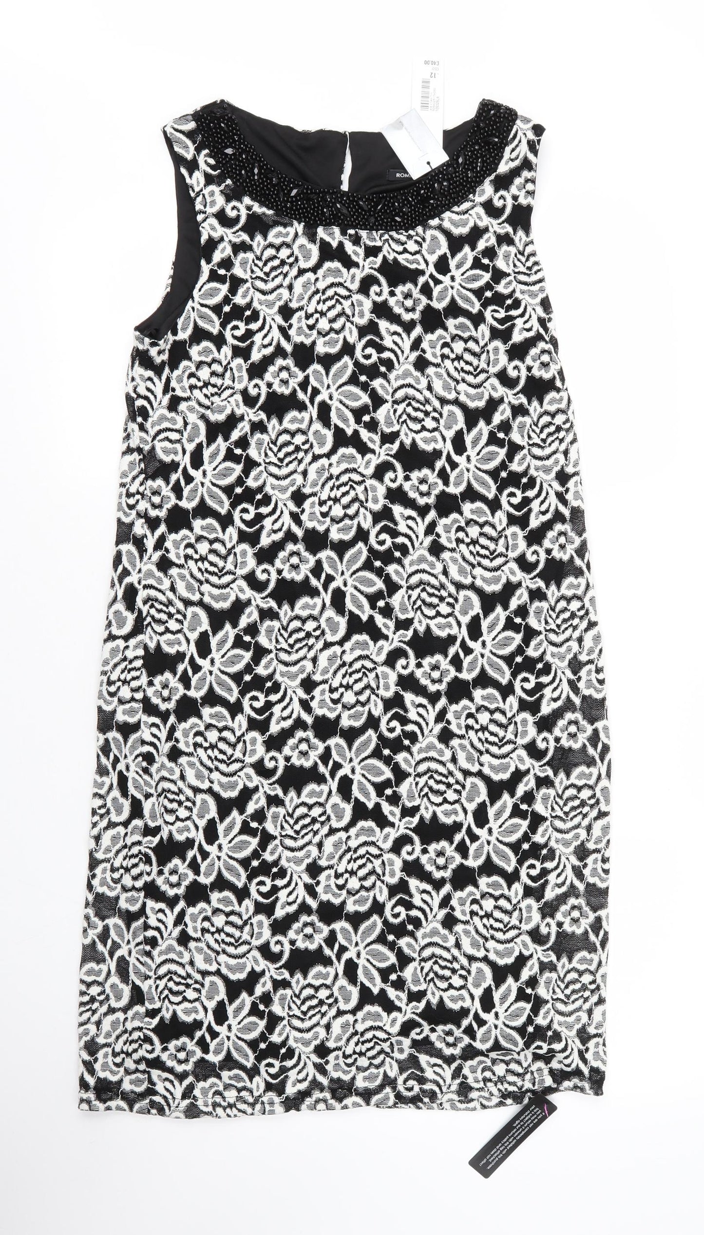 Roman Womens Black Floral Polyester Shift  Size 12  Round Neck