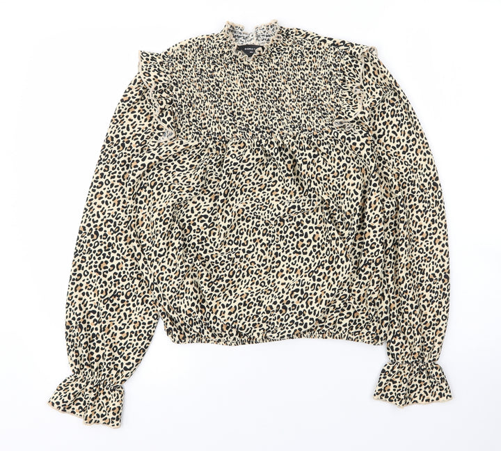 Dorothy Perkins Womens Beige Animal Print Polyester Basic Blouse Size 6 Mock Neck - Leopard print